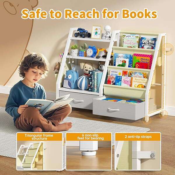 Twinkoo Kids Bookshelf and Toy Box, Sturdy 3 Tier Kids Bookcase, Sling Bookshelf and 2 Toy Boxes, Toddler Montessori Bookshelf with Toy Organizer, for Kids Room, Game Room, Nursery - Image 4