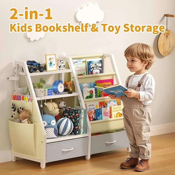 Twinkoo Kids Bookshelf and Toy Box, Sturdy 3 Tier Kids Bookcase, Sling Bookshelf and 2 Toy Boxes, Toddler Montessori Bookshelf with Toy Organizer, for Kids Room, Game Room, Nursery - Image 5