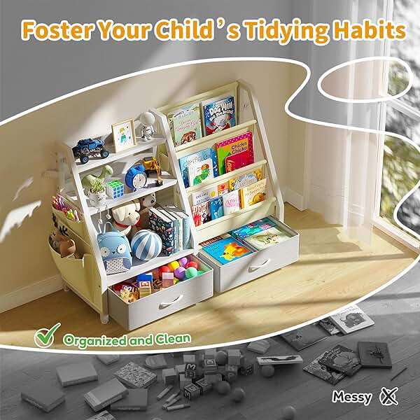 Twinkoo Kids Bookshelf and Toy Box, Sturdy 3 Tier Kids Bookcase, Sling Bookshelf and 2 Toy Boxes, Toddler Montessori Bookshelf with Toy Organizer, for Kids Room, Game Room, Nursery - Image 6