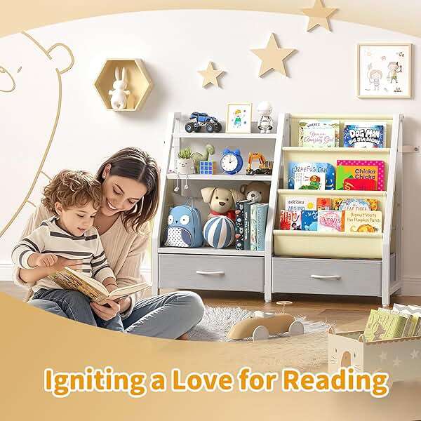 Twinkoo Kids Bookshelf and Toy Box, Sturdy 3 Tier Kids Bookcase, Sling Bookshelf and 2 Toy Boxes, Toddler Montessori Bookshelf with Toy Organizer, for Kids Room, Game Room, Nursery - Image 7