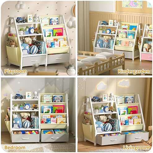 Twinkoo Kids Bookshelf and Toy Box, Sturdy 3 Tier Kids Bookcase, Sling Bookshelf and 2 Toy Boxes, Toddler Montessori Bookshelf with Toy Organizer, for Kids Room, Game Room, Nursery - Image 8