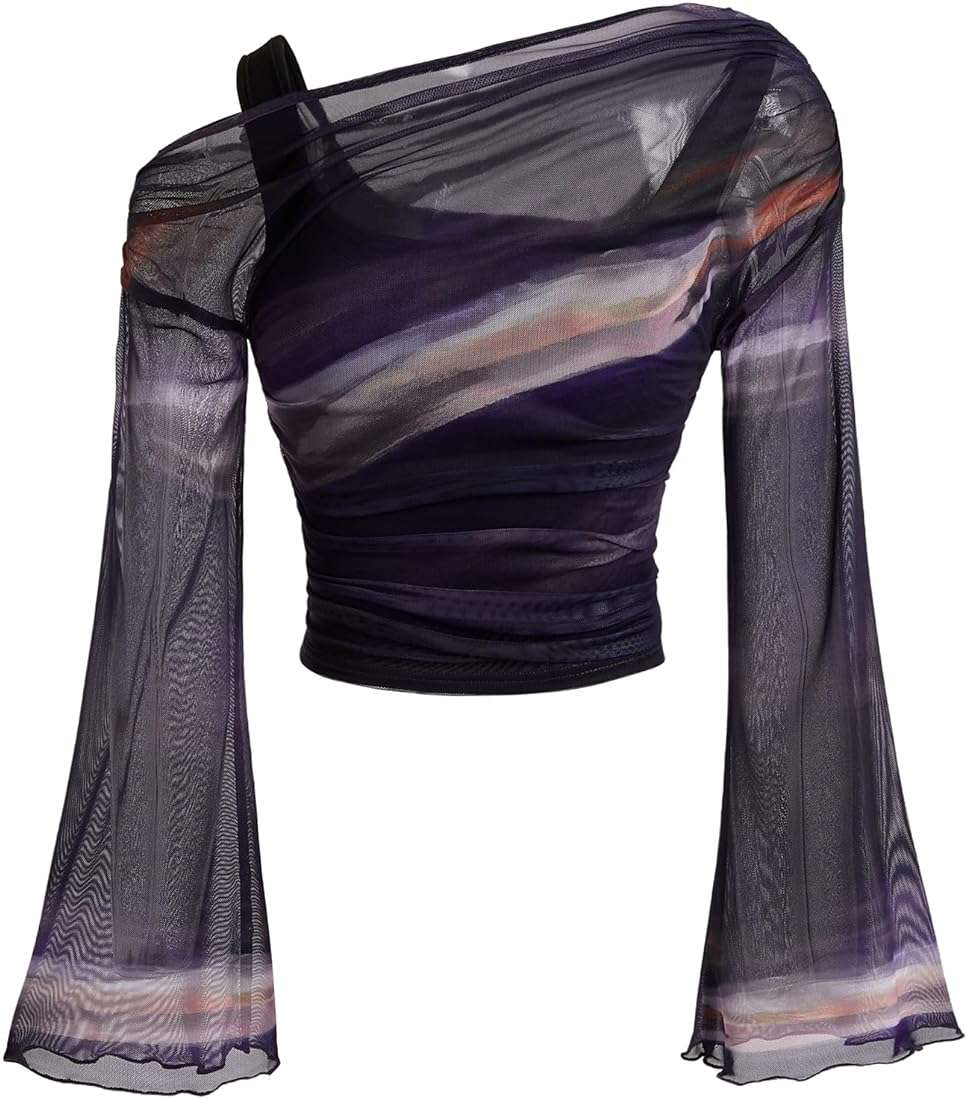 Verdusa Women's Y2k Off The Shoulder Tops Mesh Long Sleeve Crop Tops 2000s Clothing - Image 2