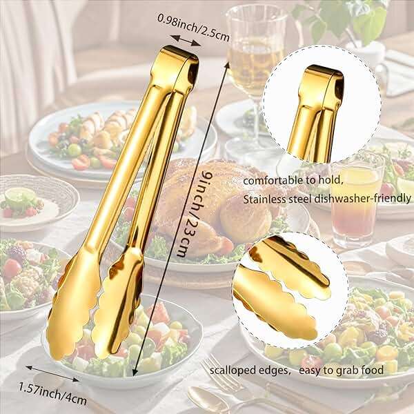 6pcs Stainless Steel Serving Tongs Gold or Silver Plated 9inch Heavy Duty Durable BBQ Clamps Design for Weddings Parties Banquets Buffets Family Gatherings Kitchen Cooking Serving Clip - Image 3