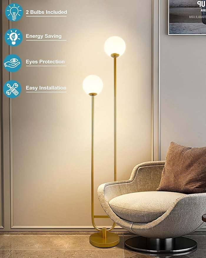 Lightdot 63IN Gold Floor Lamp with Table 2 Globe Mid Century Standing Lamps with 3000K LED Bulbs Unique U-Pole Vintage Floor Lamp with 5Lbs Heavy Base for Living Room/Party/Sofa Beside/Corner Decor - Image 2