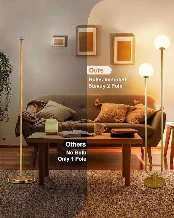 Lightdot 63IN Gold Floor Lamp with Table 2 Globe Mid Century Standing Lamps with 3000K LED Bulbs Unique U-Pole Vintage Floor Lamp with 5Lbs Heavy Base for Living Room/Party/Sofa Beside/Corner Decor - Image 3