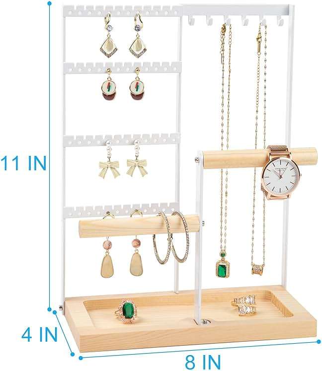 Jewelry Organizer Stand, Jewelry Holder, Lengnoy 4 Tier Earring Holder with 48 Holes and 6 Hooks Necklace Organizer Wood Box for Necklace Bracelet Earring Ring, White - Image 3
