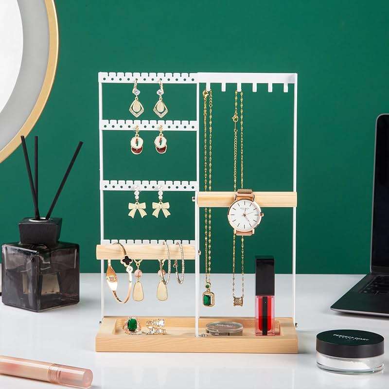 Jewelry Organizer Stand, Jewelry Holder, Lengnoy 4 Tier Earring Holder with 48 Holes and 6 Hooks Necklace Organizer Wood Box for Necklace Bracelet Earring Ring, White - Image 4