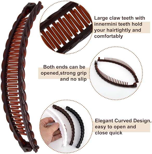 Mxxipp 3pcs Banana Hair Clips for Women, Non-Slip Large Hair Claw Clips, Classic Double Combs Hair Accessories for Thick Thin Fine Straight Curly Long Short Hair- Brown & Black & White - Image 3