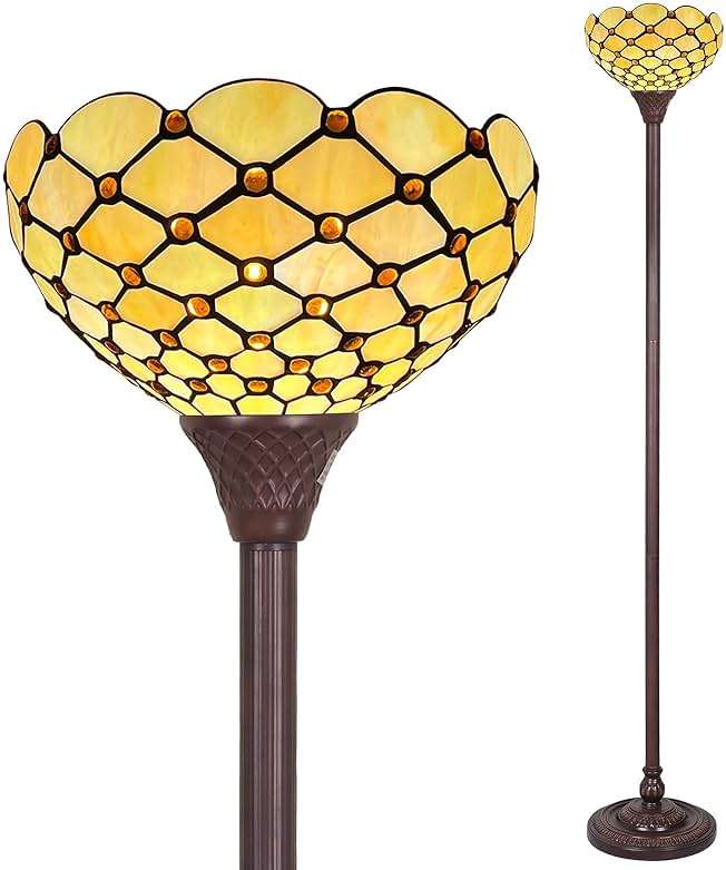 Capulina Tiffany Torchiere Floor Lamp Vintage Amber Beads Stained Glass 12X12X70 Inches - Image 1
