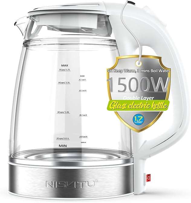 NISVITU Glass & Stainless Steel Cordless Electric kettle for boiling water, Hot water boiler Electric Tea Kettle automatic shut off Boil-Dry Protection, PC Outer + Glass Inner, 1500W, 1.7L, WH - Image 1