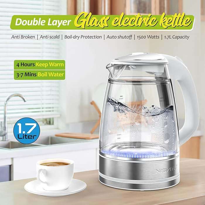 NISVITU Glass & Stainless Steel Cordless Electric kettle for boiling water, Hot water boiler Electric Tea Kettle automatic shut off Boil-Dry Protection, PC Outer + Glass Inner, 1500W, 1.7L, WH - Image 2