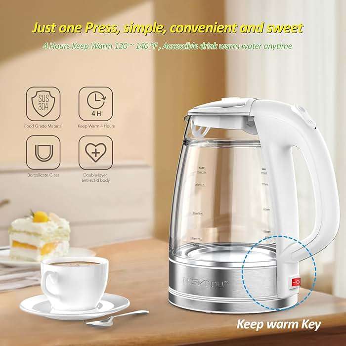 NISVITU Glass & Stainless Steel Cordless Electric kettle for boiling water, Hot water boiler Electric Tea Kettle automatic shut off Boil-Dry Protection, PC Outer + Glass Inner, 1500W, 1.7L, WH - Image 4