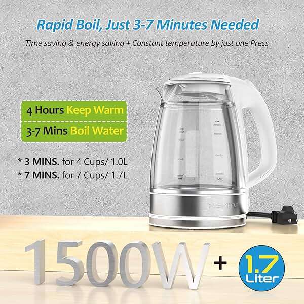 NISVITU Glass & Stainless Steel Cordless Electric kettle for boiling water, Hot water boiler Electric Tea Kettle automatic shut off Boil-Dry Protection, PC Outer + Glass Inner, 1500W, 1.7L, WH - Image 5