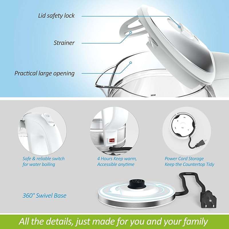 NISVITU Glass & Stainless Steel Cordless Electric kettle for boiling water, Hot water boiler Electric Tea Kettle automatic shut off Boil-Dry Protection, PC Outer + Glass Inner, 1500W, 1.7L, WH - Image 6