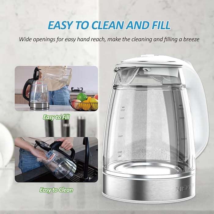 NISVITU Glass & Stainless Steel Cordless Electric kettle for boiling water, Hot water boiler Electric Tea Kettle automatic shut off Boil-Dry Protection, PC Outer + Glass Inner, 1500W, 1.7L, WH - Image 8