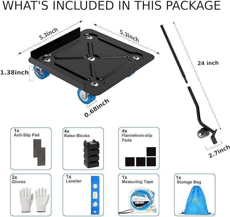 BYKLAUDIA Heavy Duty Furniture Dolly 360° Rotating 5 Wheels, Alloy Steel 3000 lbs Load Capacity Furniture Movers with Measuring Tape & Leveler - Image 2
