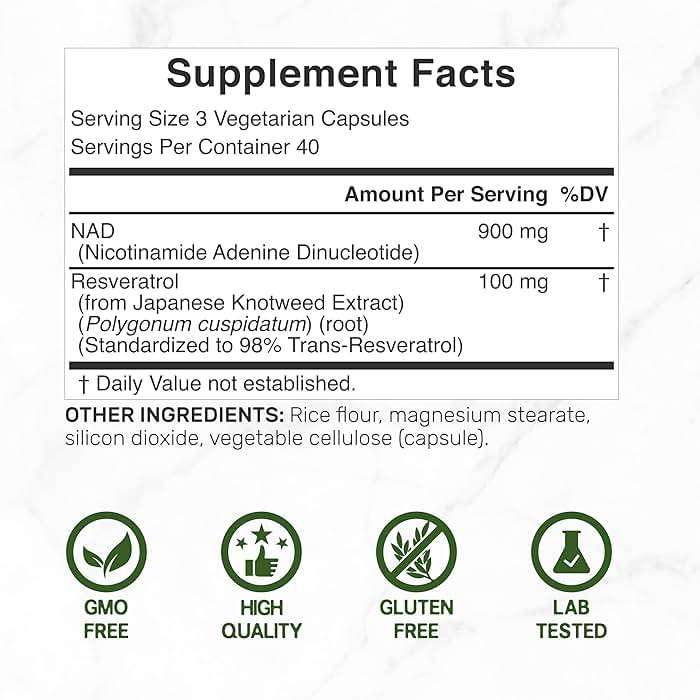 NAD+ Resveratrol Supplement 1,000mg Per Serving, 120 Veggie Capsules | 2-in-1 Extra Strength NMN Supplement Alternative | NAD Supplements for Women & Men | Non-GMO, Gluten Free - Image 2
