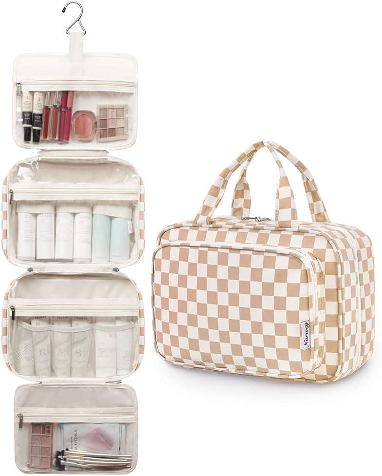 Narwey Travel Toiletry Bag for Women Large Hanging Makeup Bag Organizer Toiletries Bag for Full Size Essentials Accessories Cosmetics (Light Checkerboard (Large)) - Image 4