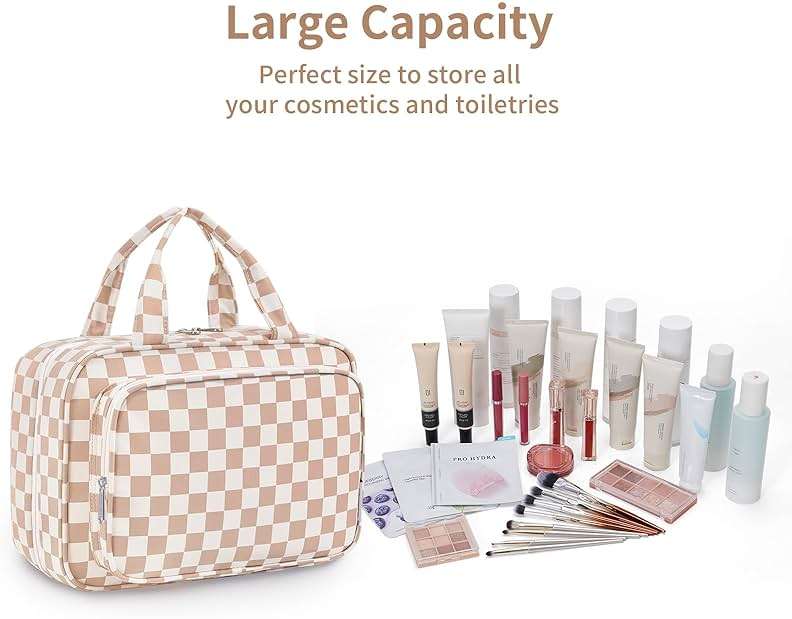 Narwey Travel Toiletry Bag for Women Large Hanging Makeup Bag Organizer Toiletries Bag for Full Size Essentials Accessories Cosmetics (Light Checkerboard (Large)) - Image 6