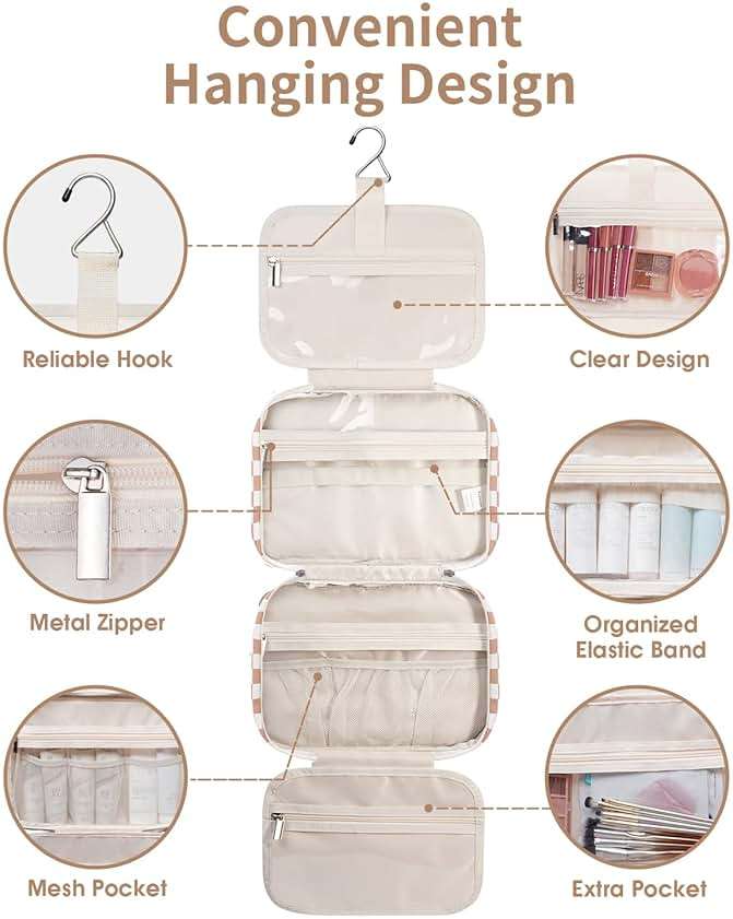 Narwey Travel Toiletry Bag for Women Large Hanging Makeup Bag Organizer Toiletries Bag for Full Size Essentials Accessories Cosmetics (Light Checkerboard (Large)) - Image 7