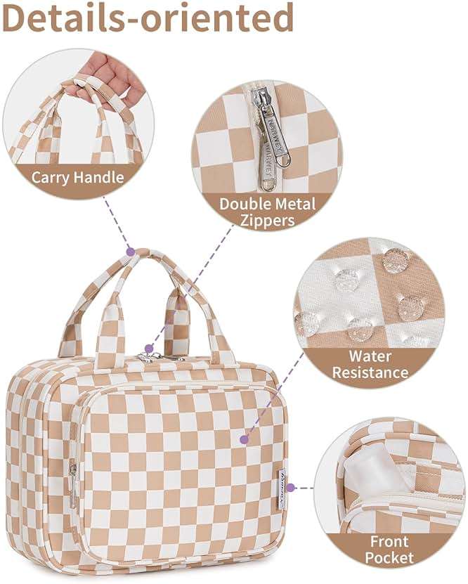 Narwey Travel Toiletry Bag for Women Large Hanging Makeup Bag Organizer Toiletries Bag for Full Size Essentials Accessories Cosmetics (Light Checkerboard (Large)) - Image 8