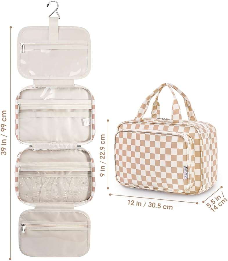 Narwey Travel Toiletry Bag for Women Large Hanging Makeup Bag Organizer Toiletries Bag for Full Size Essentials Accessories Cosmetics (Light Checkerboard (Large)) - Image 9