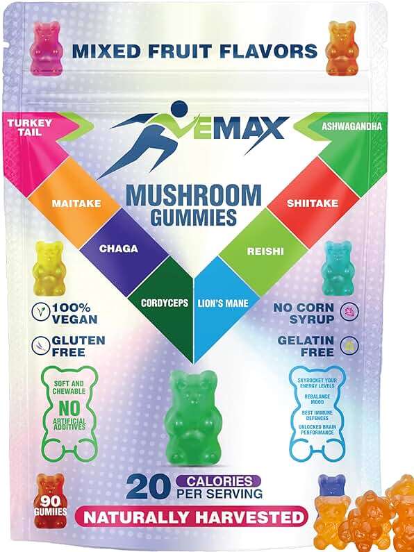 Ashwagandha and Lions Mane Mushroom Gummies for Adults - Organic - Reishi, Maitake, Chaga, Cordyceps, Shiitake, Turkey Tail - Immune Support, Memory, Focus and Energy -Vegan Mushroom Supplement Gummy - Image 1