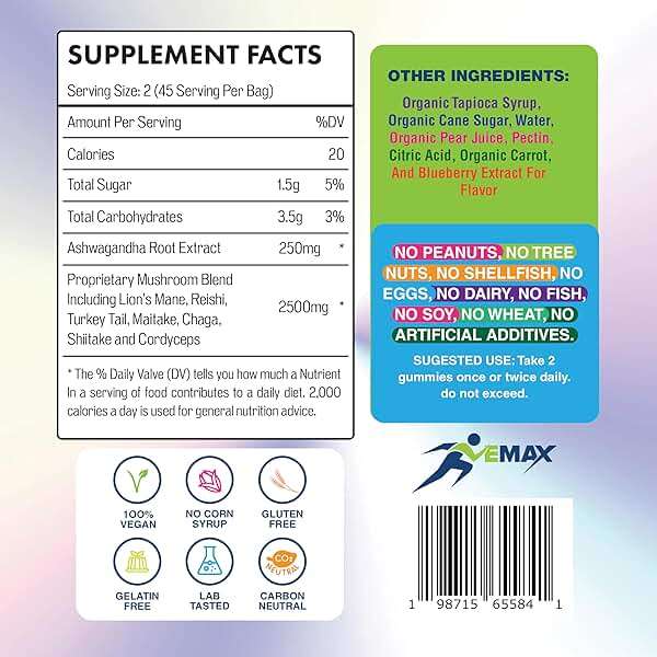 Ashwagandha and Lions Mane Mushroom Gummies for Adults - Organic - Reishi, Maitake, Chaga, Cordyceps, Shiitake, Turkey Tail - Immune Support, Memory, Focus and Energy -Vegan Mushroom Supplement Gummy - Image 9