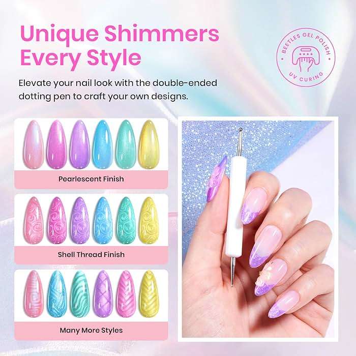 Beetles Pearl Gel Nail Polish Set - 6 Colors Summer Pink Yellow Green Purple Blue Iridescent Rainbow Shimmer Nail Polish Soak Off Uv Mermaid Gel Swirl Shell Thread Effect DIY Spring Gift for Women - Image 3