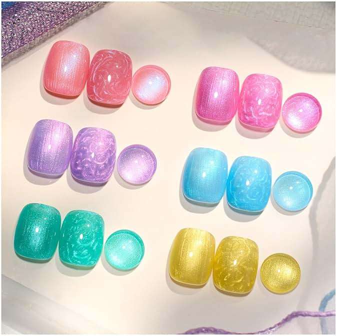 Beetles Pearl Gel Nail Polish Set - 6 Colors Summer Pink Yellow Green Purple Blue Iridescent Rainbow Shimmer Nail Polish Soak Off Uv Mermaid Gel Swirl Shell Thread Effect DIY Spring Gift for Women - Image 8