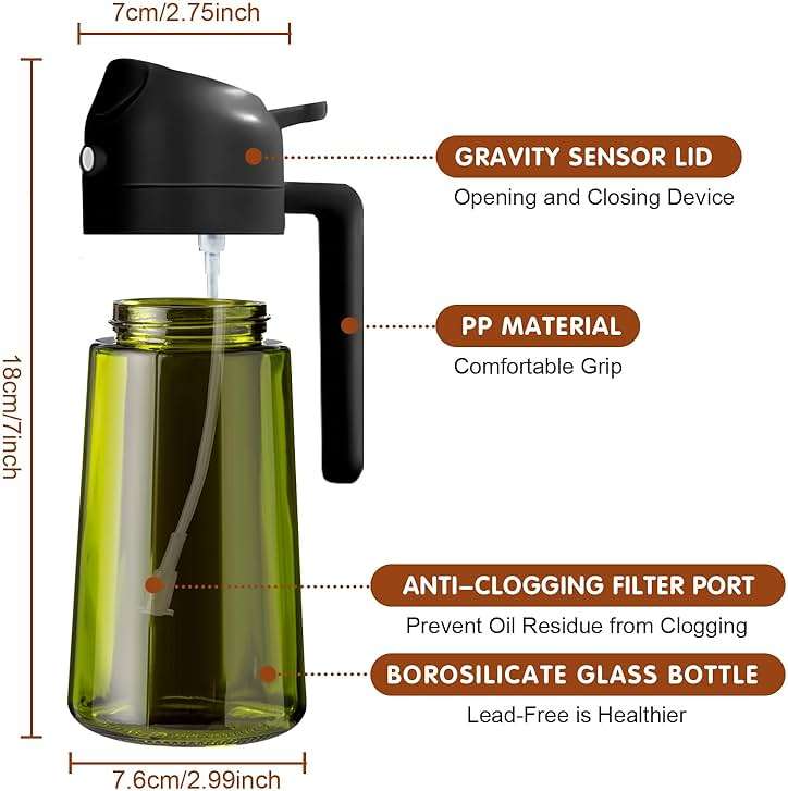 YARRAMATE 16oz/470ml Light-Blocking Dark Oil Sprayer for Cooking, 2 in 1 Olive Oil Dispenser Bottle for Kitchen, Premium Dark Green Glass Oil Bottle, Food-Grade Oil Mister for Air Fryer, BBQ (Black) - Image 3