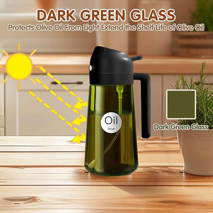 YARRAMATE 16oz/470ml Light-Blocking Dark Oil Sprayer for Cooking, 2 in 1 Olive Oil Dispenser Bottle for Kitchen, Premium Dark Green Glass Oil Bottle, Food-Grade Oil Mister for Air Fryer, BBQ (Black) - Image 4