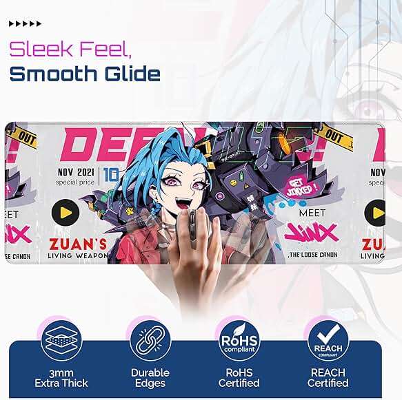 Large Gaming Mouse Pad 31.5 x 11.8 Inches XXL Extended for Mouse and Keyboard Non-Slip and Water Resistant Surface with Anime Cute Girl Design Jinx Ideal for Competitive Gaming League (White Jinx) - Image 2