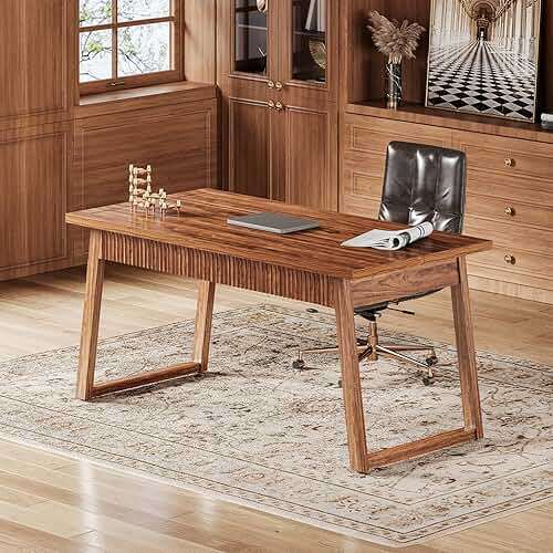 LITTLE TREE 55-Inch Home Office Desk with Drawer, Modern Minimalist Style Wooden Simple Study Writing Table, Mid-Century Log Executive Desk, Computer Desk, PC Laptop Desk Workstation, Walnut Brown - Image 7