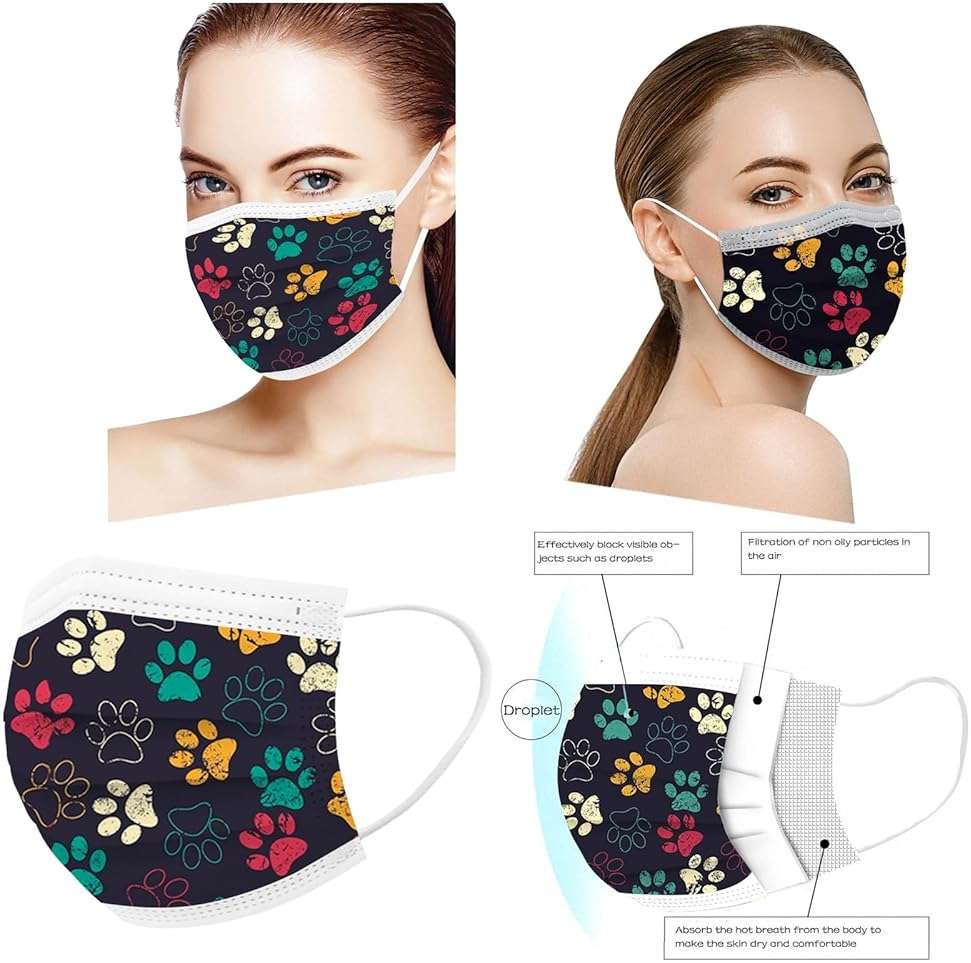 50PCS Paw Print Disposable Face Mask, 3 Ply Cute Pattern Face Masks for Adults Women Full Face Protection - Image 2