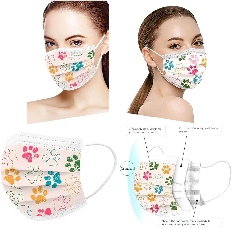 50PCS Paw Print Disposable Face Mask, 3 Ply Cute Pattern Face Masks for Adults Women Full Face Protection - Image 3