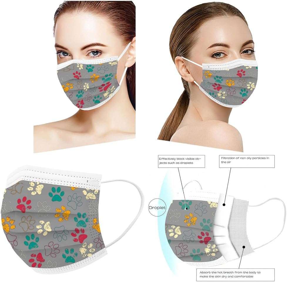 50PCS Paw Print Disposable Face Mask, 3 Ply Cute Pattern Face Masks for Adults Women Full Face Protection - Image 4