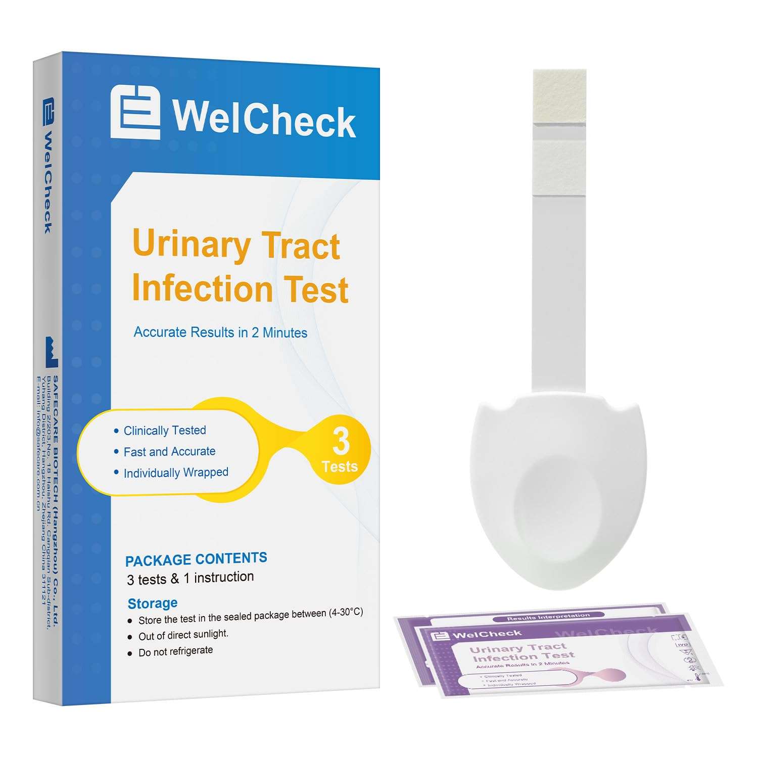 WelCheck UTI Test Strips, Urinary Tract Infection Test for Home Use, Quick Accurate Results in 2 Min, Detects Leukocytes & Nitrite, Individually Packaged, 3 Pack - Image 1