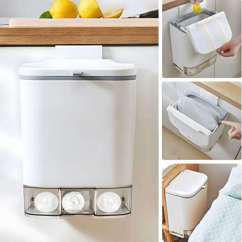 HomDSim 2.4 Gallon Compost Bin Hanging Trash Can with Lid Garbage Can Wall Mounted Trash Can with 3 Pack Disposable Bag for Kitchen,Cupboard, Bathroom, Under Sink,Counter Top (White) - Image 1