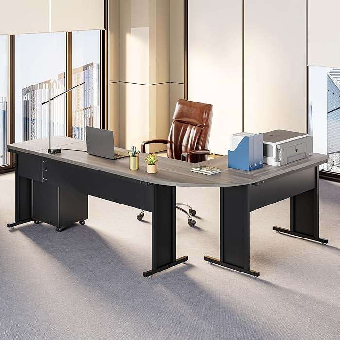 LITTLE TREE 82.67" Long Executive Desk with Drawers, Large L-Shaped Office Desk with Mobile File Cabinet, Farmhouse Computer Office Furniture Work Desk with Storage for Home Office, Gray - Image 2