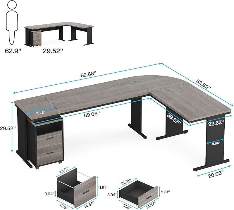 LITTLE TREE 82.67" Long Executive Desk with Drawers, Large L-Shaped Office Desk with Mobile File Cabinet, Farmhouse Computer Office Furniture Work Desk with Storage for Home Office, Gray - Image 3