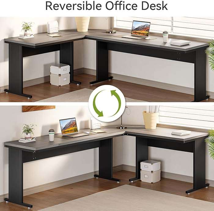 LITTLE TREE 82.67" Long Executive Desk with Drawers, Large L-Shaped Office Desk with Mobile File Cabinet, Farmhouse Computer Office Furniture Work Desk with Storage for Home Office, Gray - Image 4