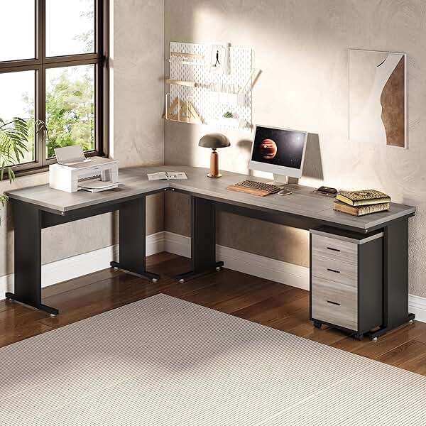 LITTLE TREE 82.67" Long Executive Desk with Drawers, Large L-Shaped Office Desk with Mobile File Cabinet, Farmhouse Computer Office Furniture Work Desk with Storage for Home Office, Gray - Image 5