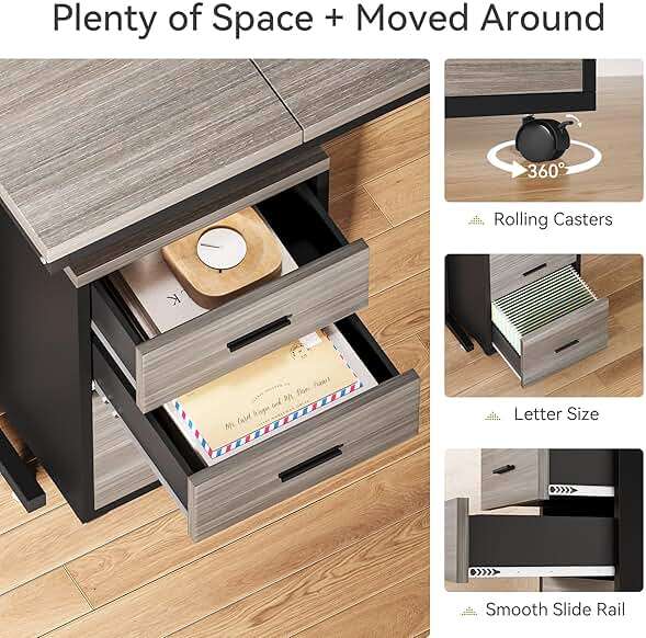 LITTLE TREE 82.67" Long Executive Desk with Drawers, Large L-Shaped Office Desk with Mobile File Cabinet, Farmhouse Computer Office Furniture Work Desk with Storage for Home Office, Gray - Image 6