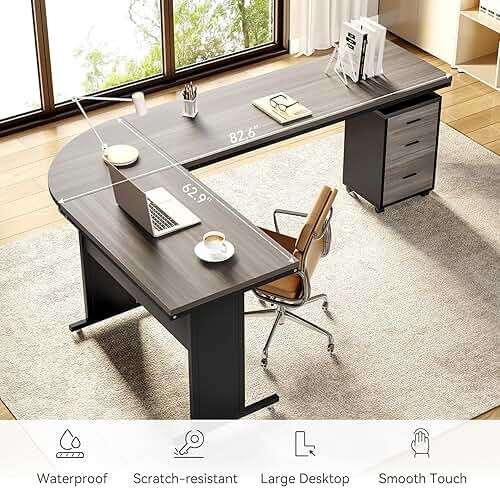 LITTLE TREE 82.67" Long Executive Desk with Drawers, Large L-Shaped Office Desk with Mobile File Cabinet, Farmhouse Computer Office Furniture Work Desk with Storage for Home Office, Gray - Image 7