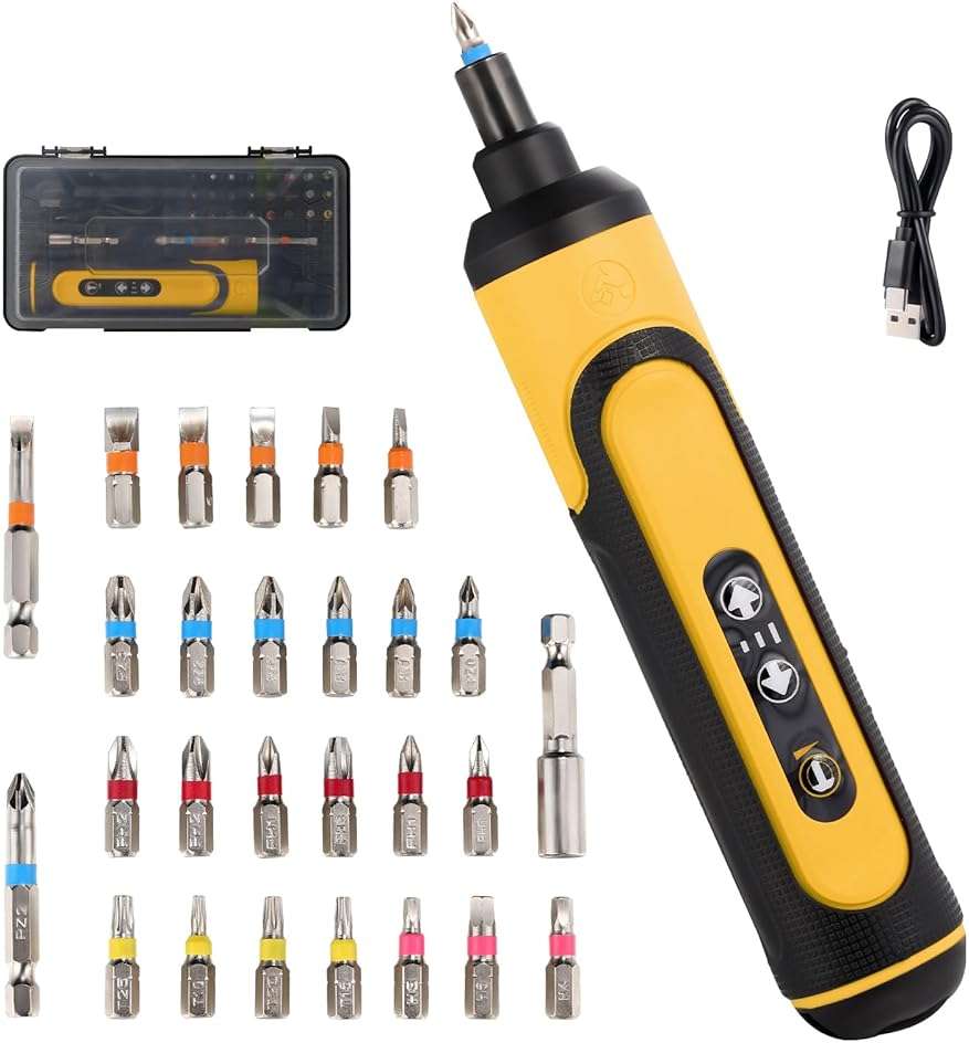 Electric Screwdriver Rechargeable, 4V Cordless Screwdriver,With 3 Gear Torque Adjustment and 26 Bits, Extension Rod, USB Charging Cable in Carrying Case, Suitable for Furniture or Appliance Repair - Image 1