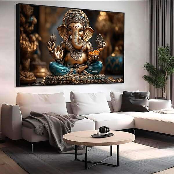 Lord Ganesha Canvas Wall Art, Ganesha Canvas Print, Hindu God Lord Ganesha Print, Indian Wall Decor, Ganesha Buddha Wall Art, Meditation Wall Art, Spiritual Wall Decor, Home Wall Decor (Black Framed, 48"x32"|122x82cm) - Image 1