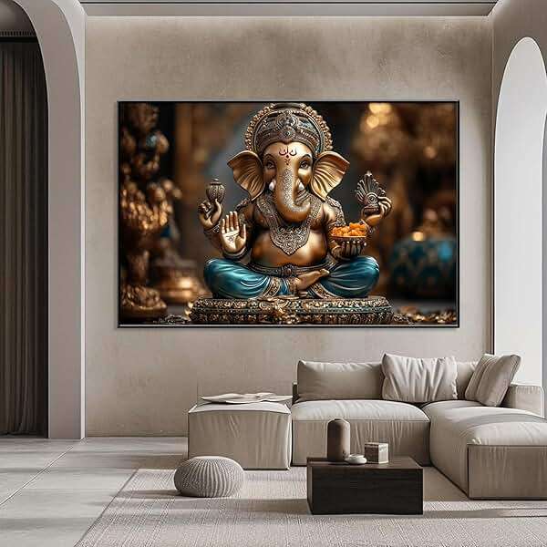 Lord Ganesha Canvas Wall Art, Ganesha Canvas Print, Hindu God Lord Ganesha Print, Indian Wall Decor, Ganesha Buddha Wall Art, Meditation Wall Art, Spiritual Wall Decor, Home Wall Decor (Black Framed, 48"x32"|122x82cm) - Image 2