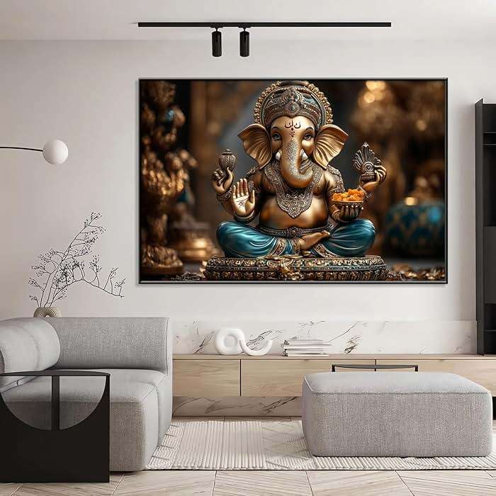 Lord Ganesha Canvas Wall Art, Ganesha Canvas Print, Hindu God Lord Ganesha Print, Indian Wall Decor, Ganesha Buddha Wall Art, Meditation Wall Art, Spiritual Wall Decor, Home Wall Decor (Black Framed, 48"x32"|122x82cm) - Image 3
