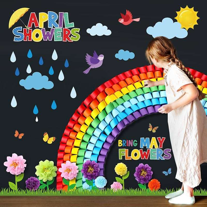Blosssound Spring Bulletin Board Decorations April Showers Bring May Flowers Decorations 3D Spring Flower Rainbow Cutouts with Paper Flowers Blackboard Wall Decals for School Home Party Decor - Image 5